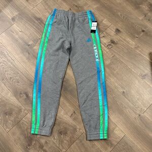 Adidas Kids Gray Joggers with Blue and Green Stripes
